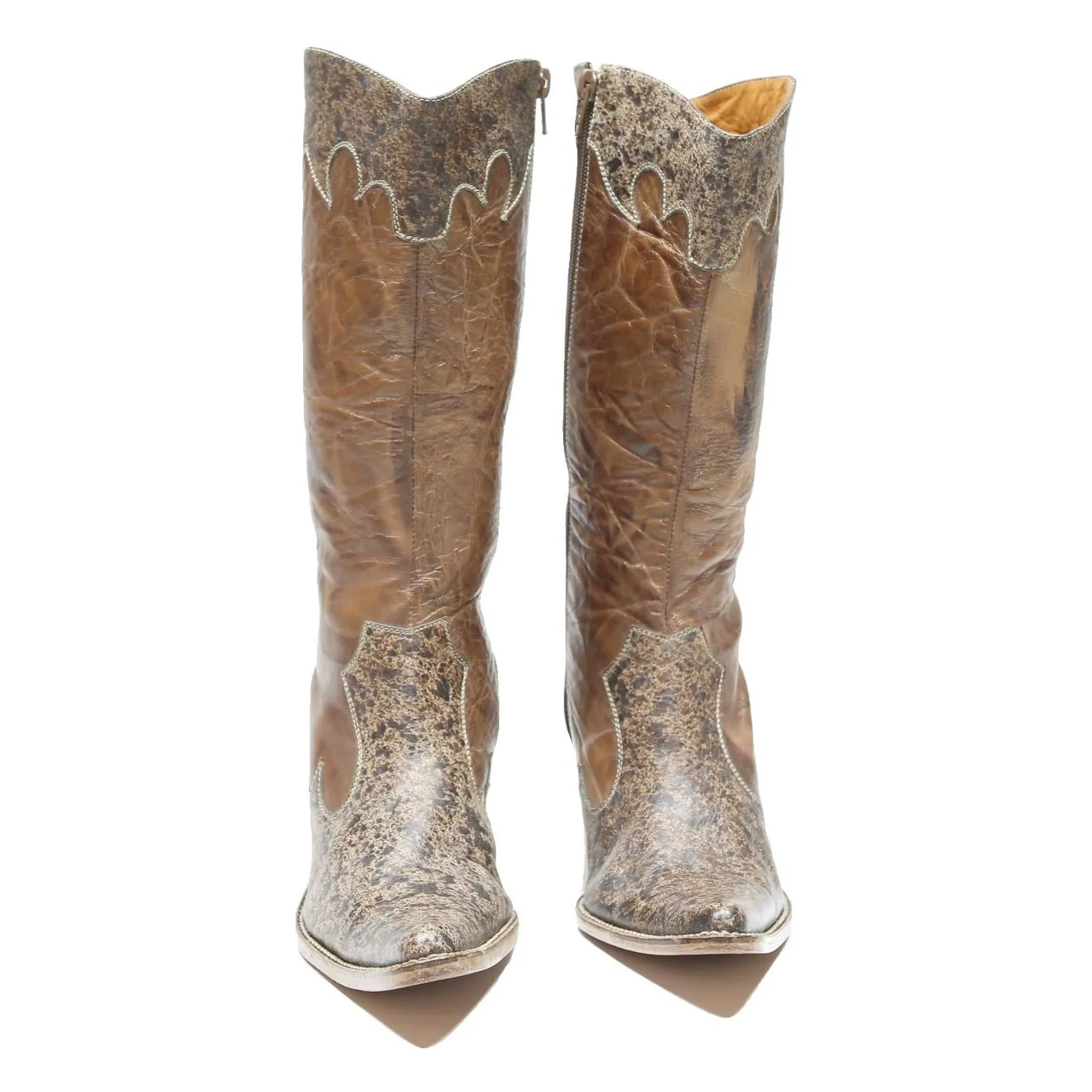 Womens Leather Western Cowboy Ankle Boots Brown UK 1 Pointed Toe Retro Style Female Boots