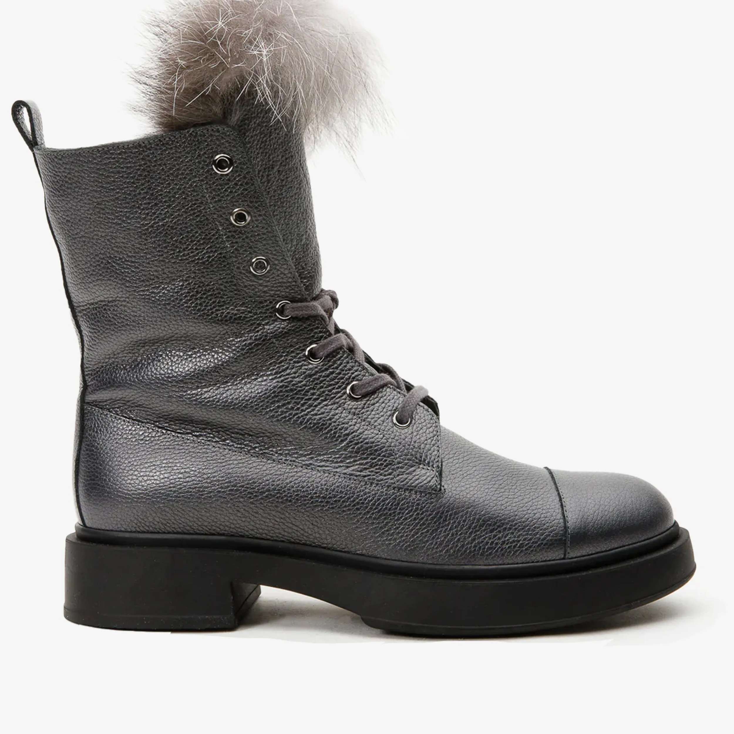 Dream Pair Boots The Kajapati Grey Leather Natural Fur Mid Calf Women Boot