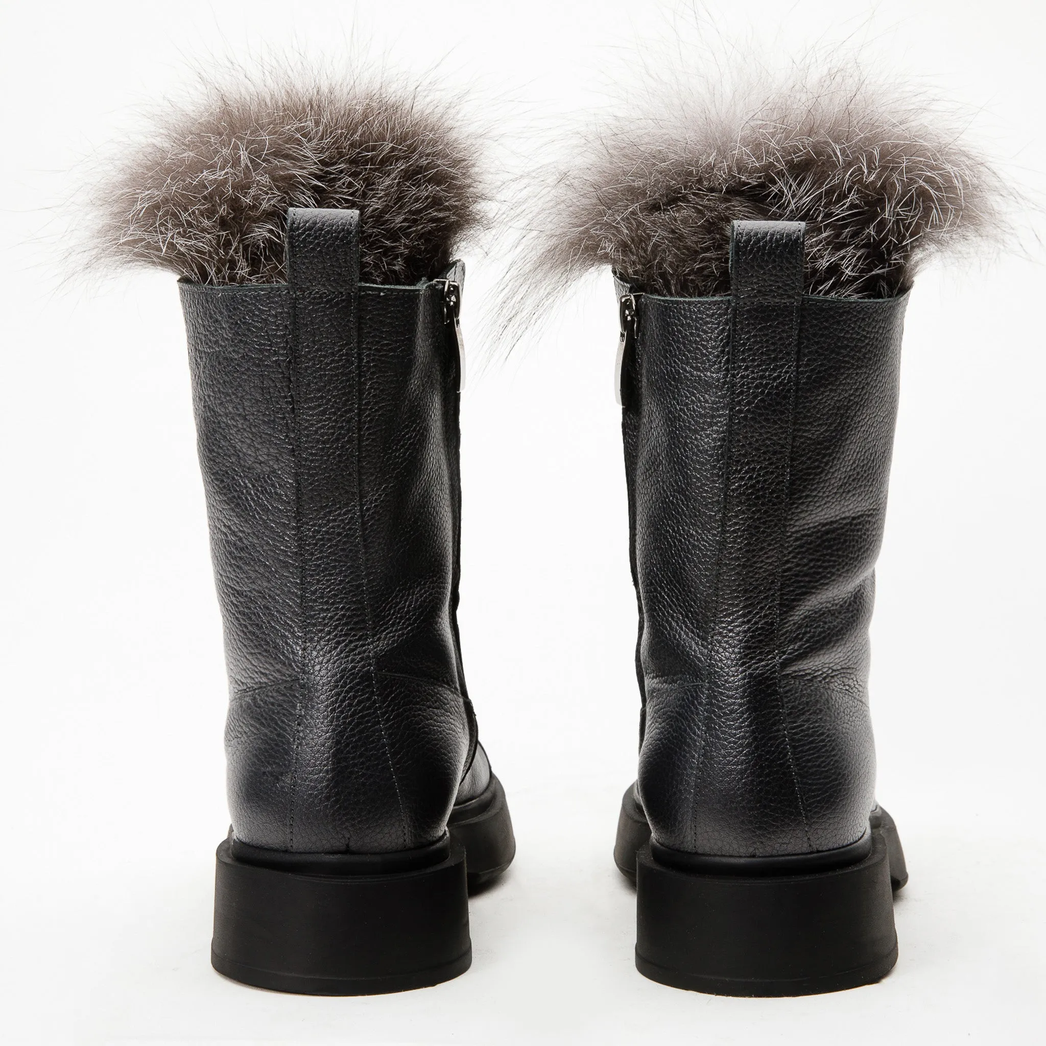 The Kajapati Grey Leather Natural Fur Mid Calf Women Boot Colombia Boots