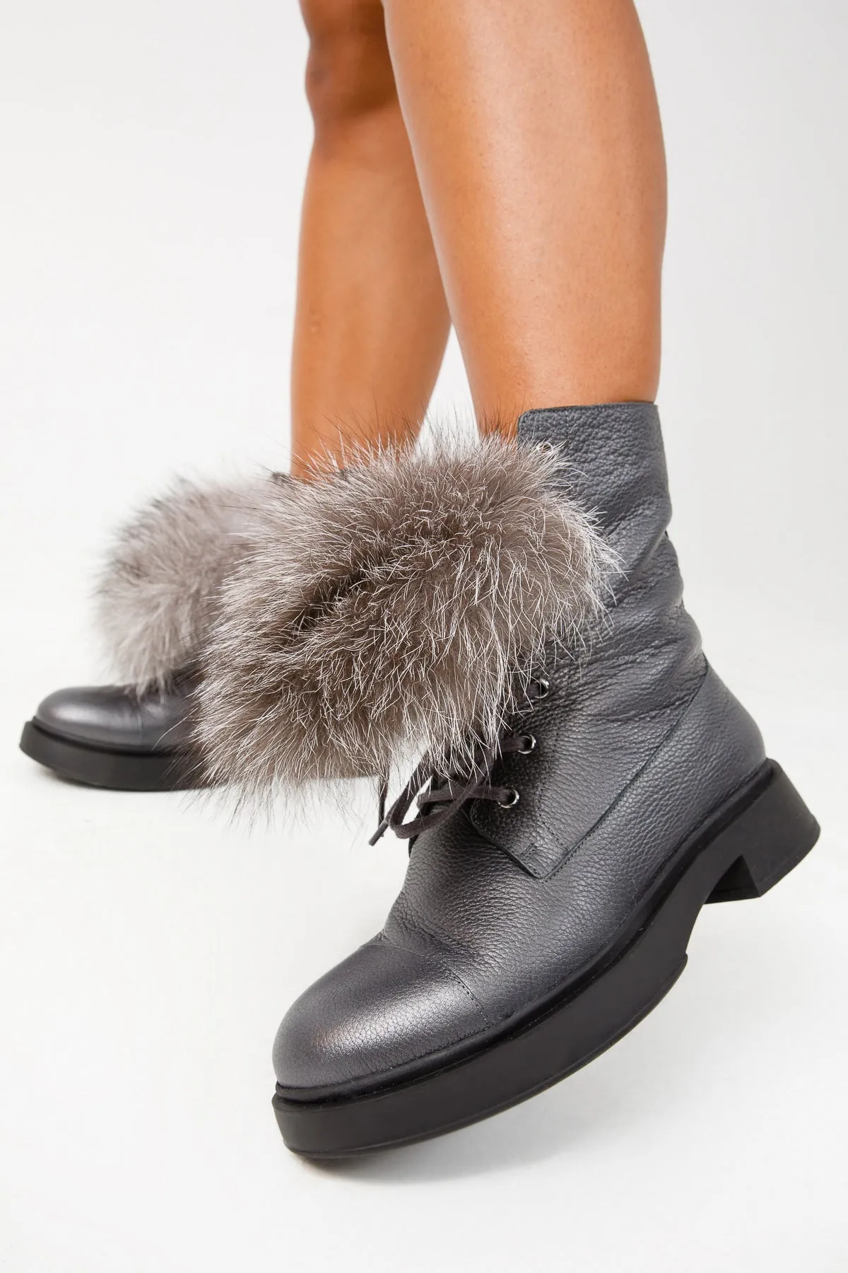 Waterproof The Kajapati Grey Leather Natural Fur Mid Calf Women Boot