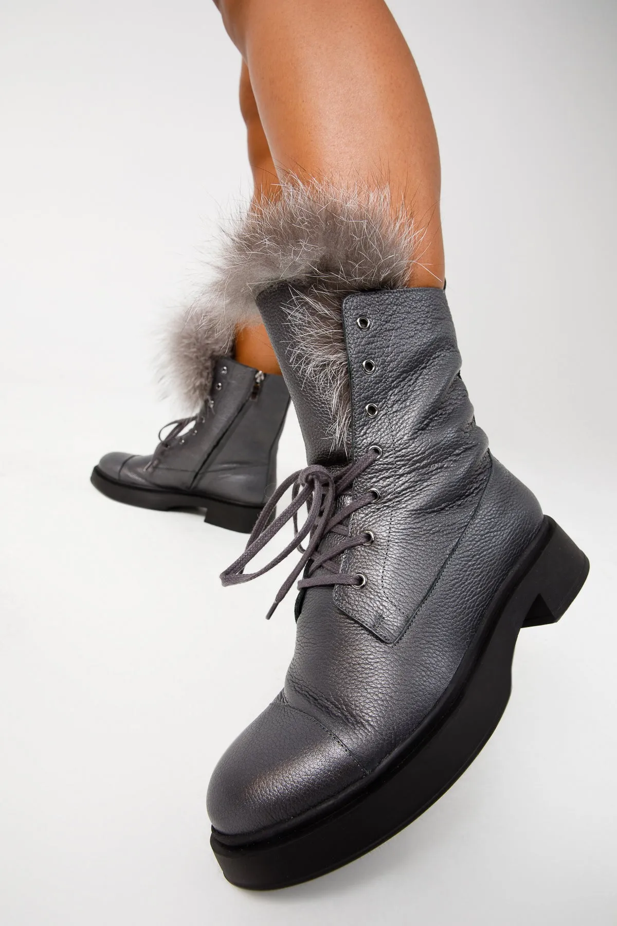 The Kajapati Grey Leather Natural Fur Mid Calf Women Boot Egirl Boots