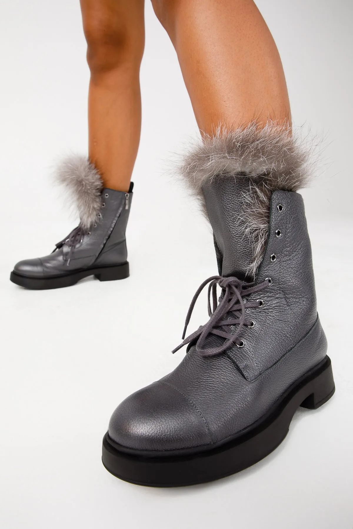 Boots On The Ground Video The Kajapati Grey Leather Natural Fur Mid Calf Women Boot