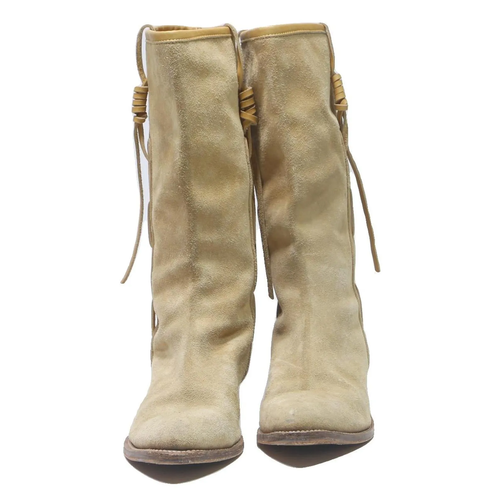 Womens Beige Leather Western Cowboy Boots UK 7 Suede Mid Calf Dress Footwear Ride Hyer Boots