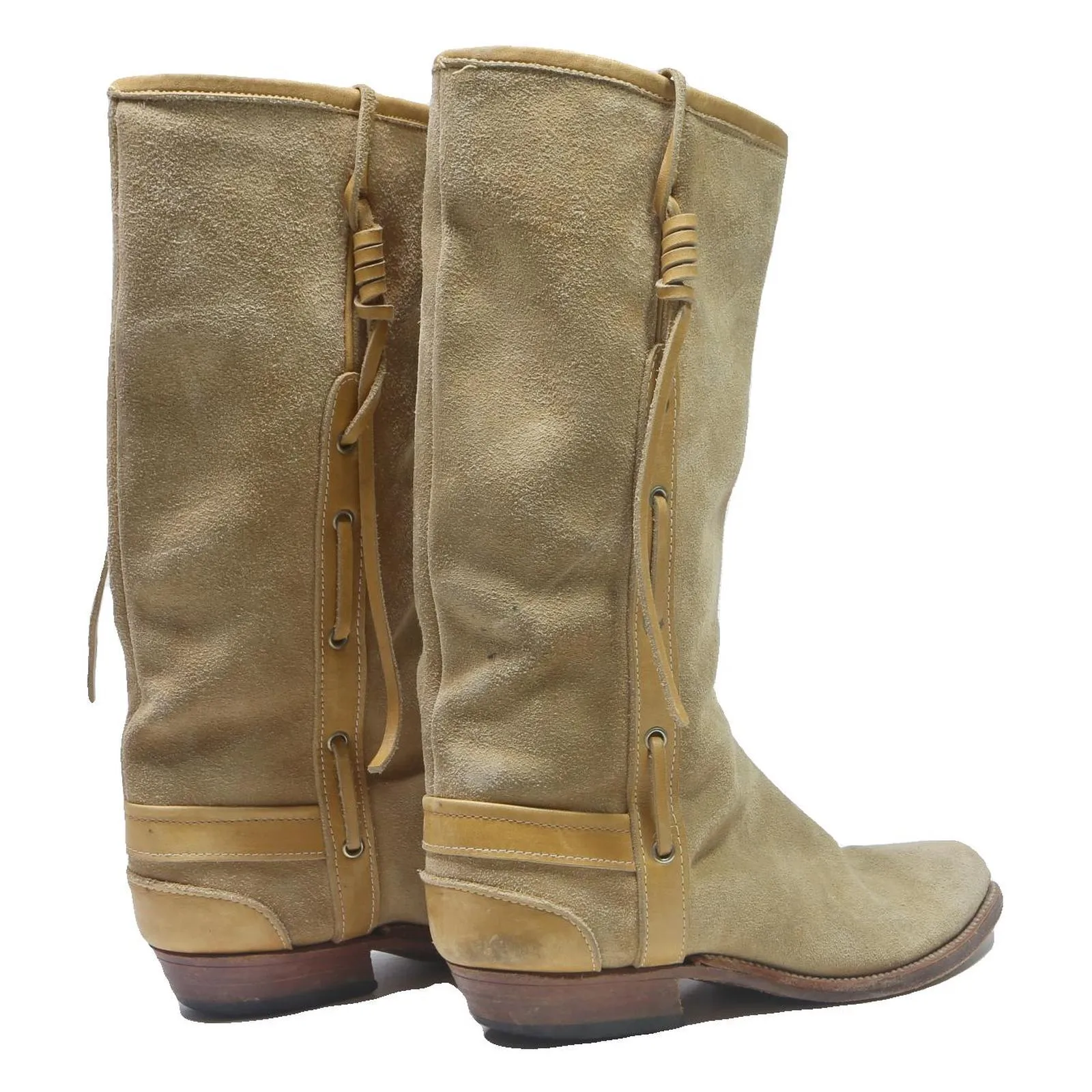 Womens Beige Leather Western Cowboy Boots UK 7 Suede Mid Calf Dress Footwear Block Heel Knee High Boots