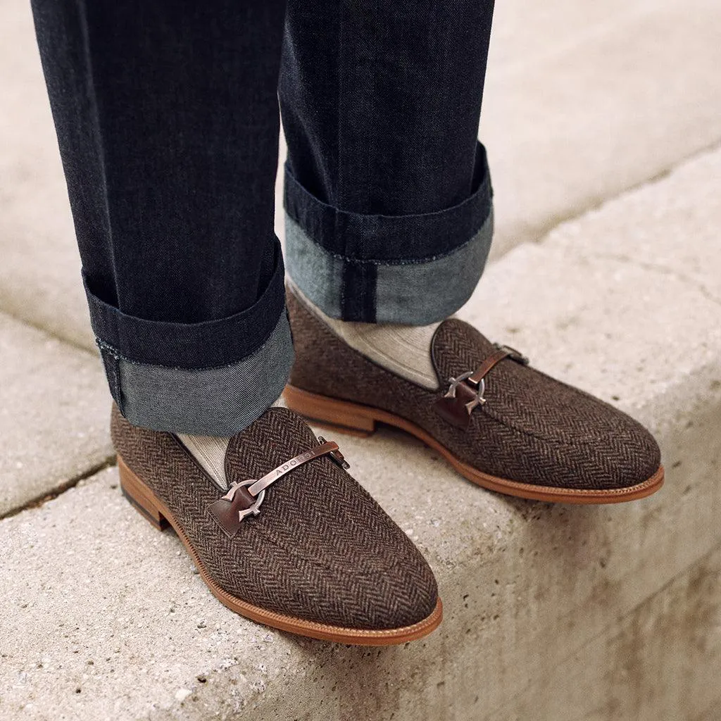 Brown Herringbone Tweed Horsebit Loafer Water Shoes Loafers