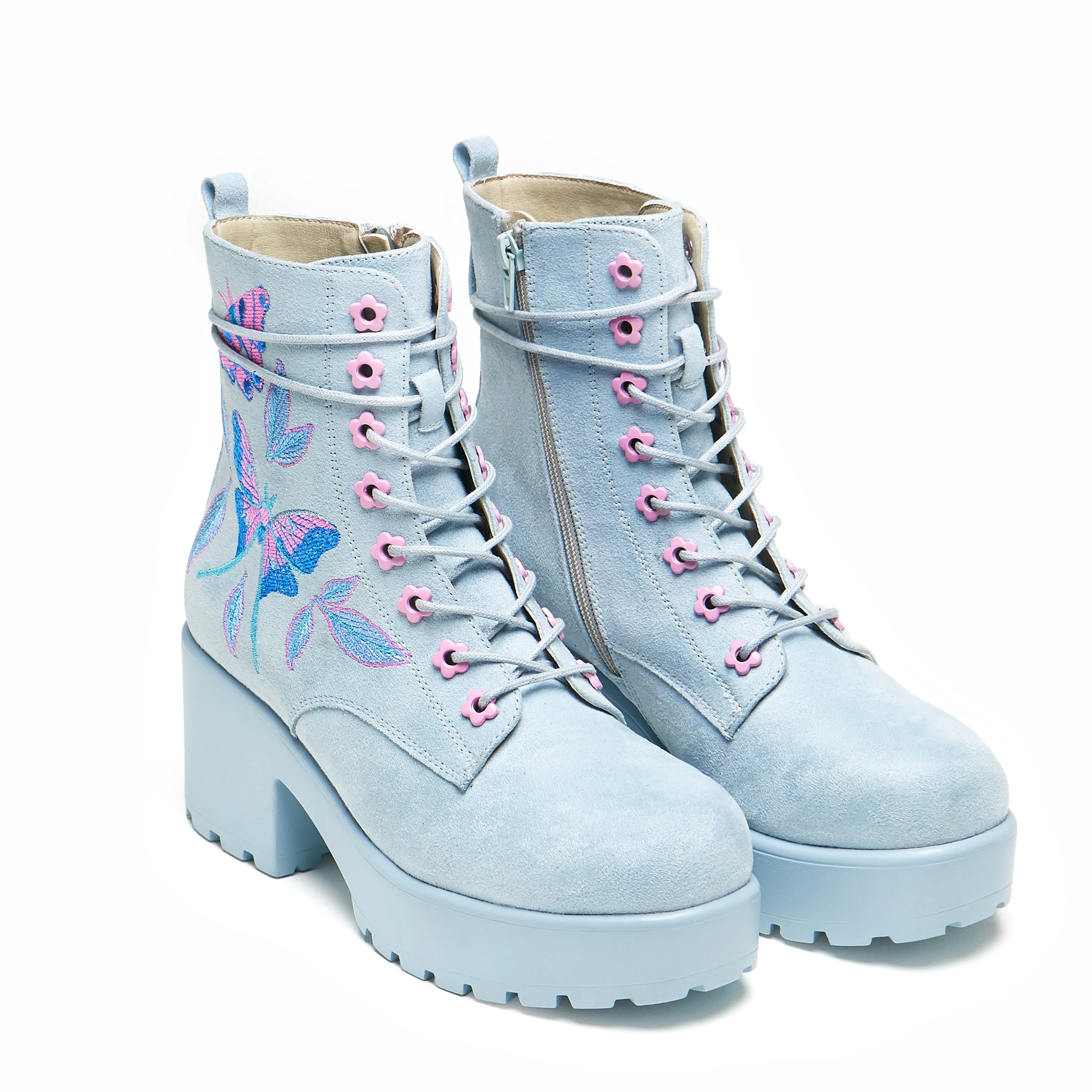 Butterfly Dune Suede Platform Military Boots - Blue Faux Fur Suede Ankle Boots