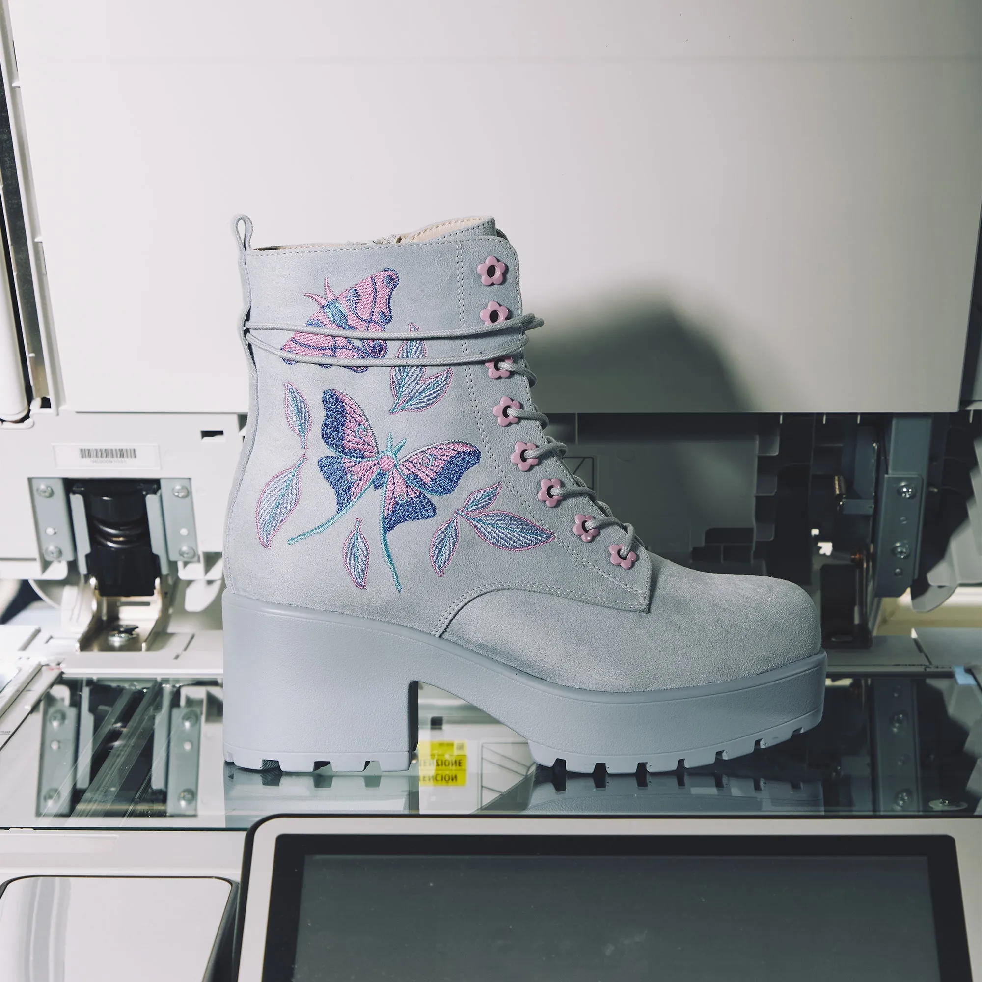 Stiletto Ankle Boots Wide Fit Butterfly Dune Suede Platform Military Boots - Blue