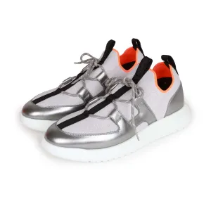 Hermes Duel Sneakers Silver, Black, and Orange Calfskin and Rubber 40 Sparkle Tennis Shoes