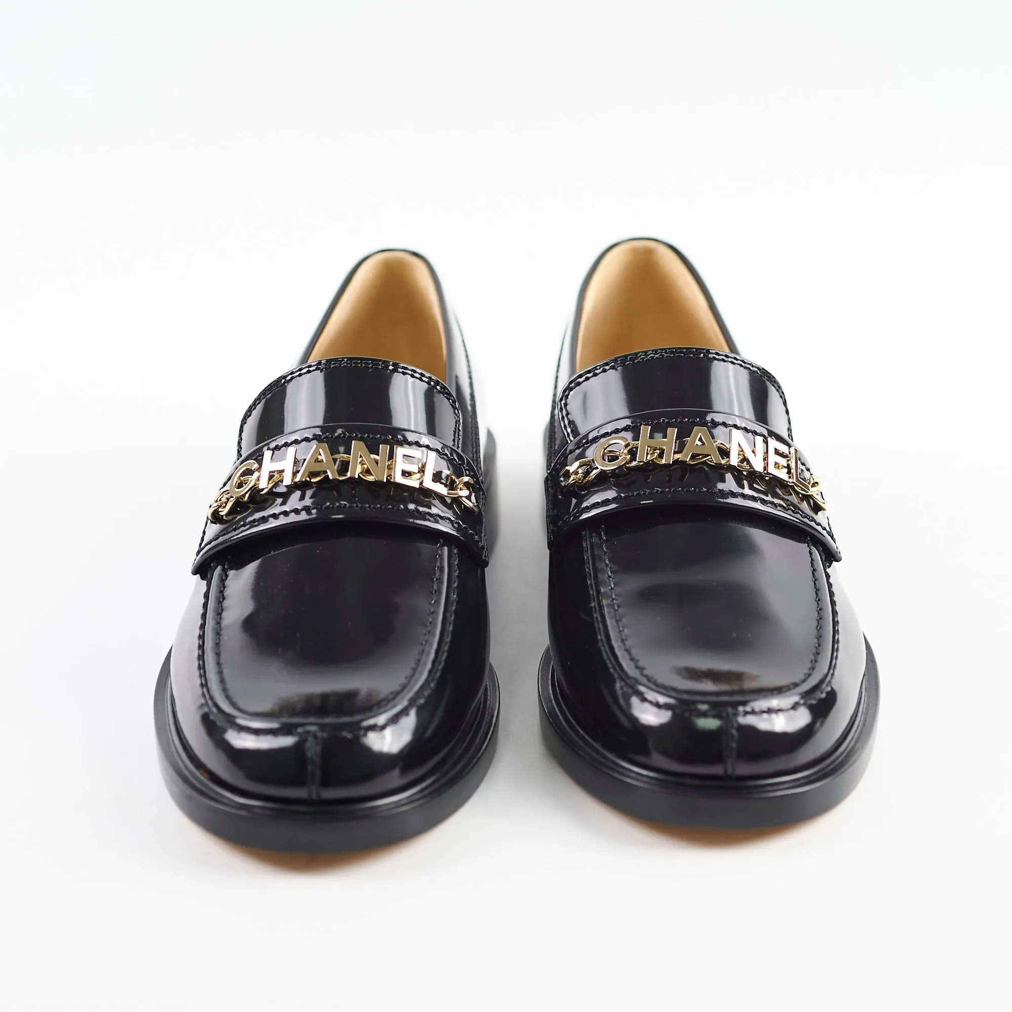 Square Toe Loafers Chanel Patent Loafers Black Size 41C