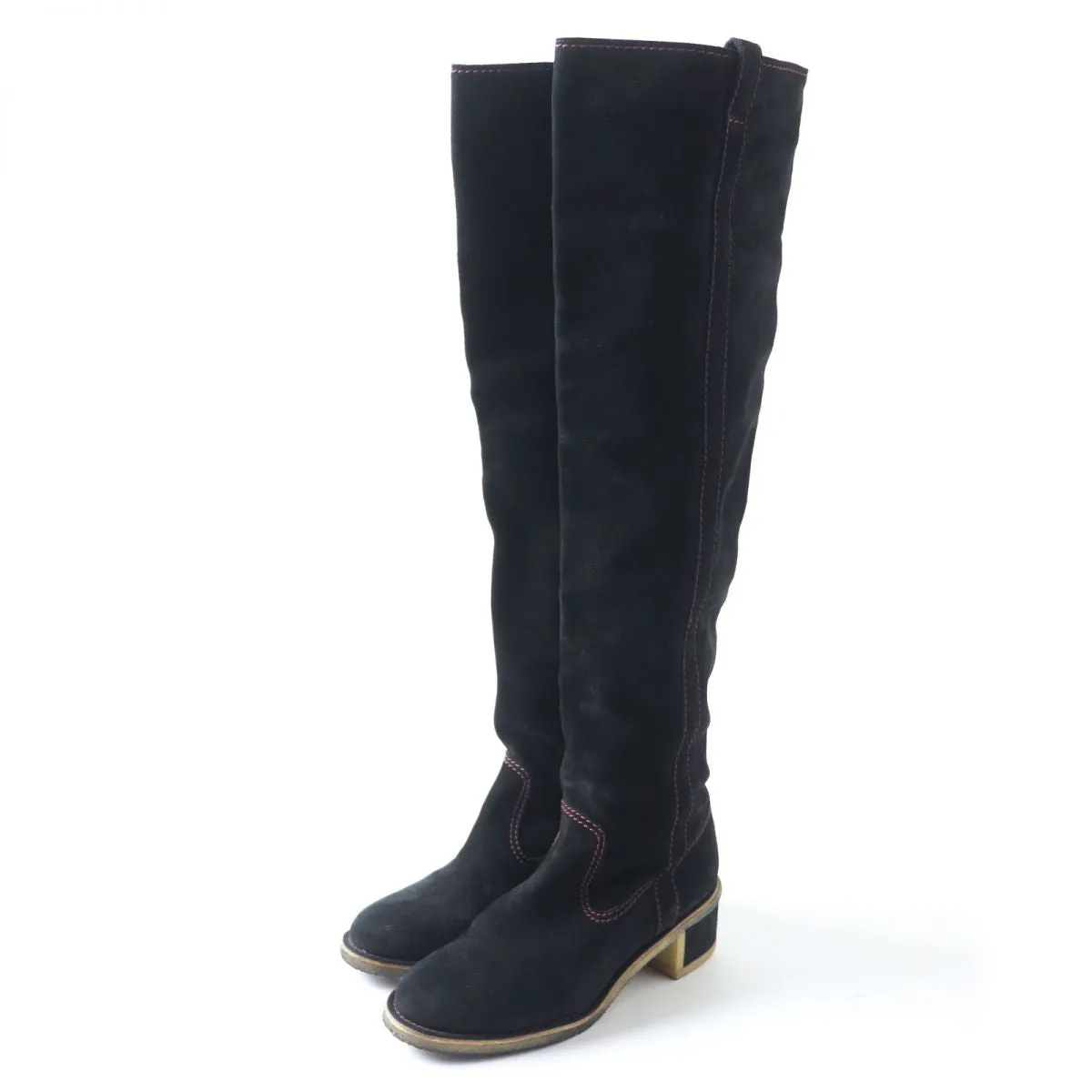 Chanel Suede Leather Long Boots, Black, Size 36 Wedge Boots With Fold Over