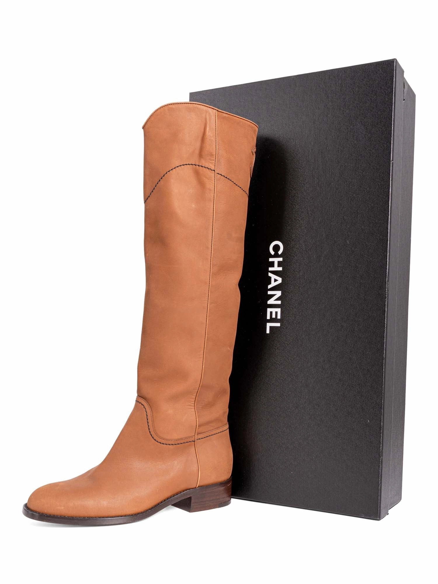 Chanel CC Logo Leather Pull On Flat Boots Brown Plaid Boots