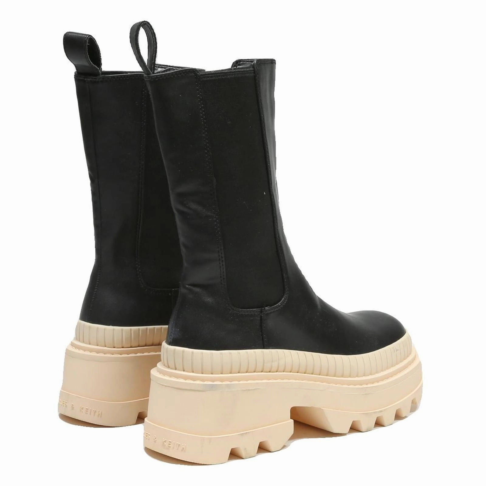 CHARLES & KEITH Platform Womens Chelsea Boots Black & Cream Leather UK 3 Chunky Gripfast Boots