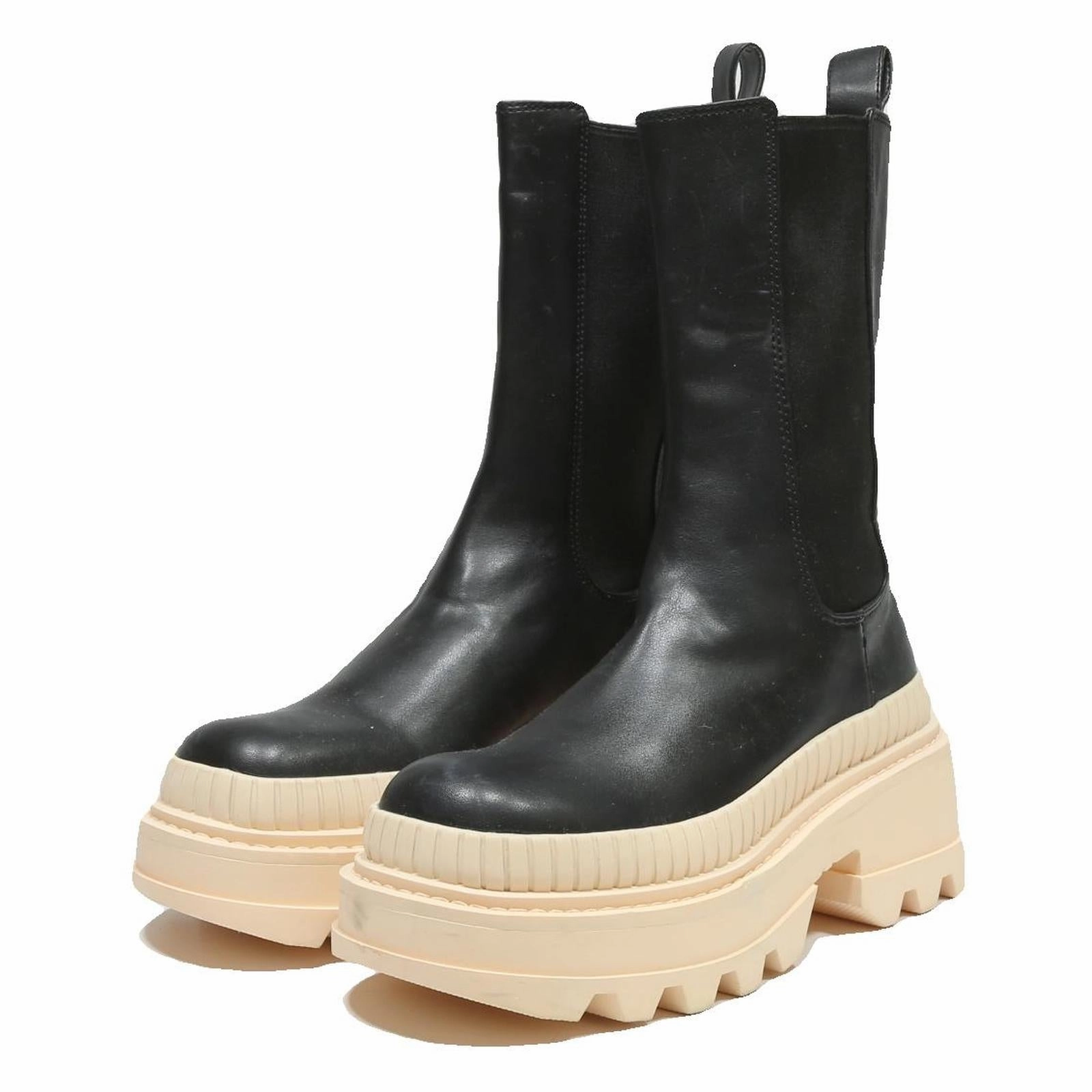 CHARLES & KEITH Platform Womens Chelsea Boots Black & Cream Leather UK 3 Chunky Playform Boots