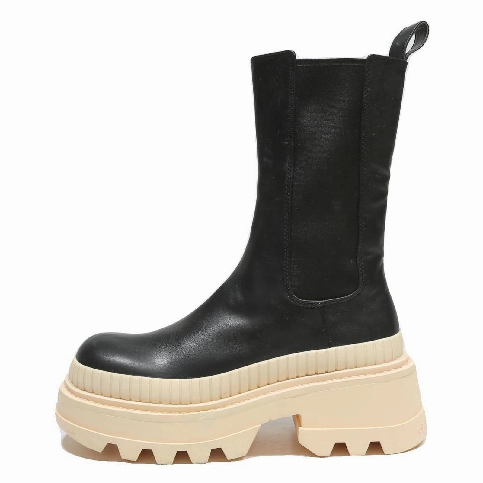 Over The Knee Boots Wide Calf CHARLES & KEITH Platform Womens Chelsea Boots Black & Cream Leather UK 3 Chunky