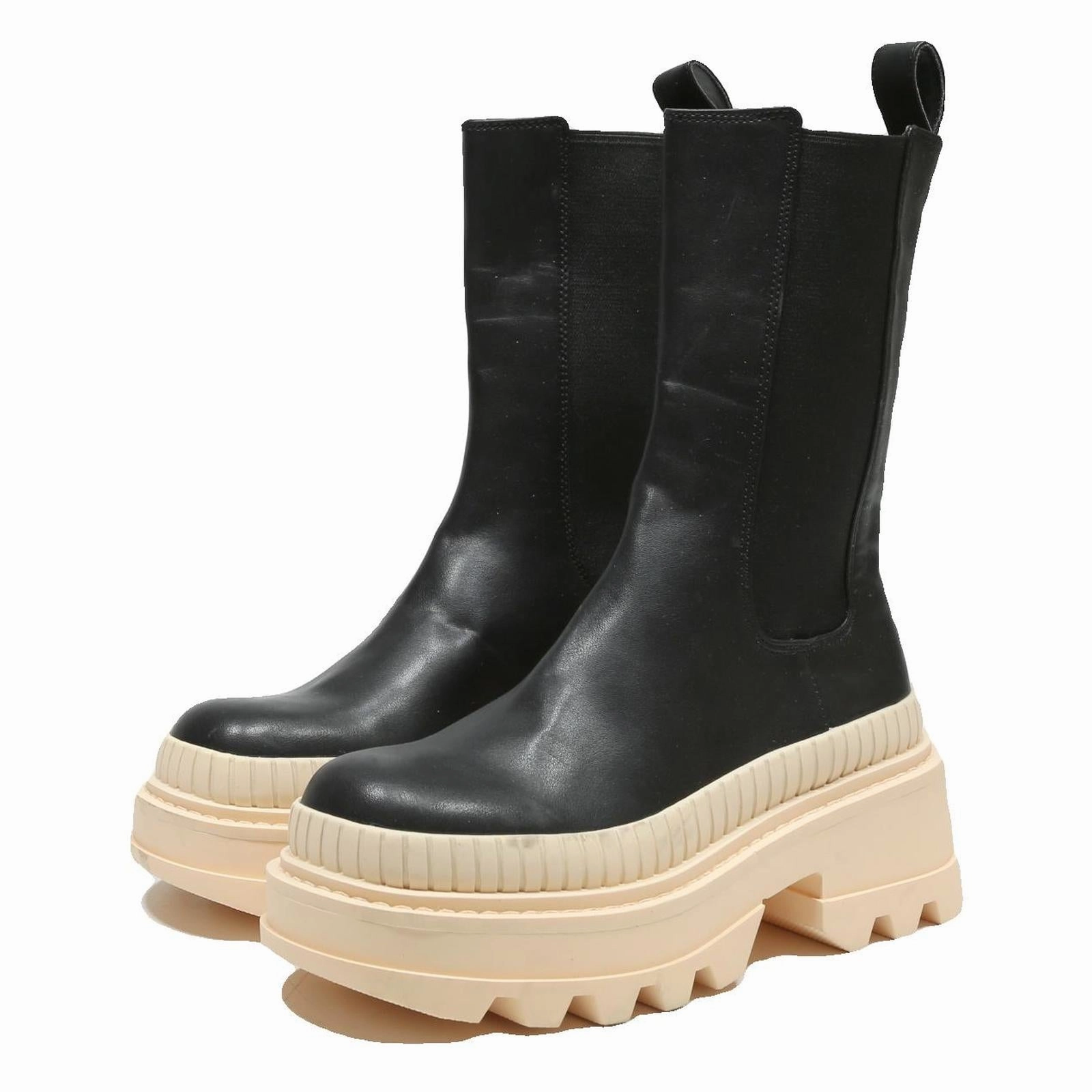 CHARLES & KEITH Womens Black Leather Ankle Boots UK 3 Chunky Chelsea Style Silver Boots