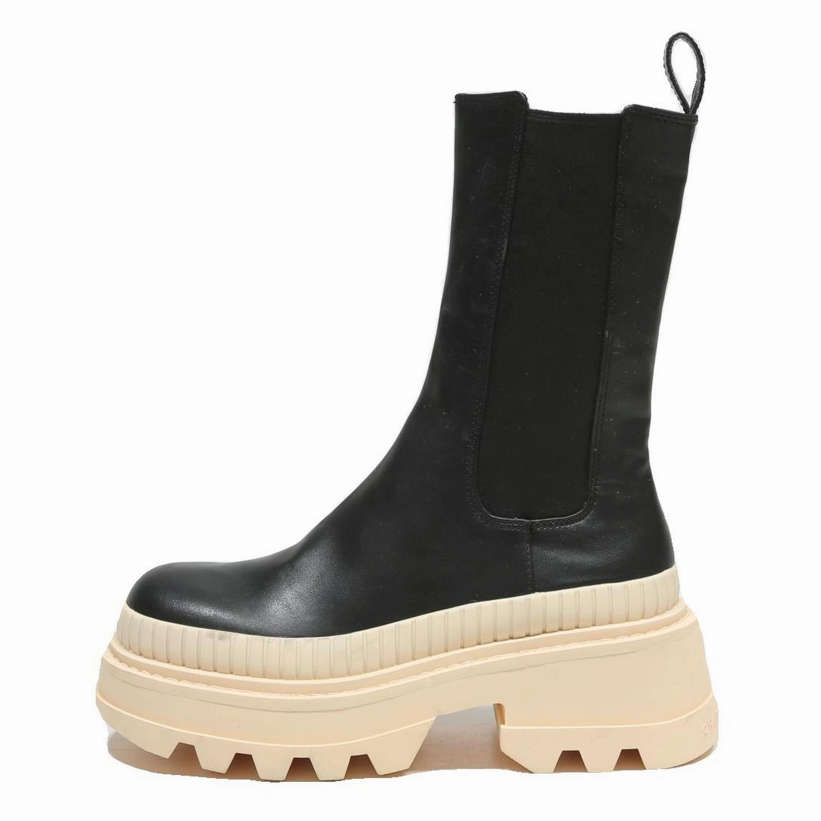 CHARLES & KEITH Womens Black Leather Ankle Boots UK 3 Chunky Chelsea Style Wingtip Boots