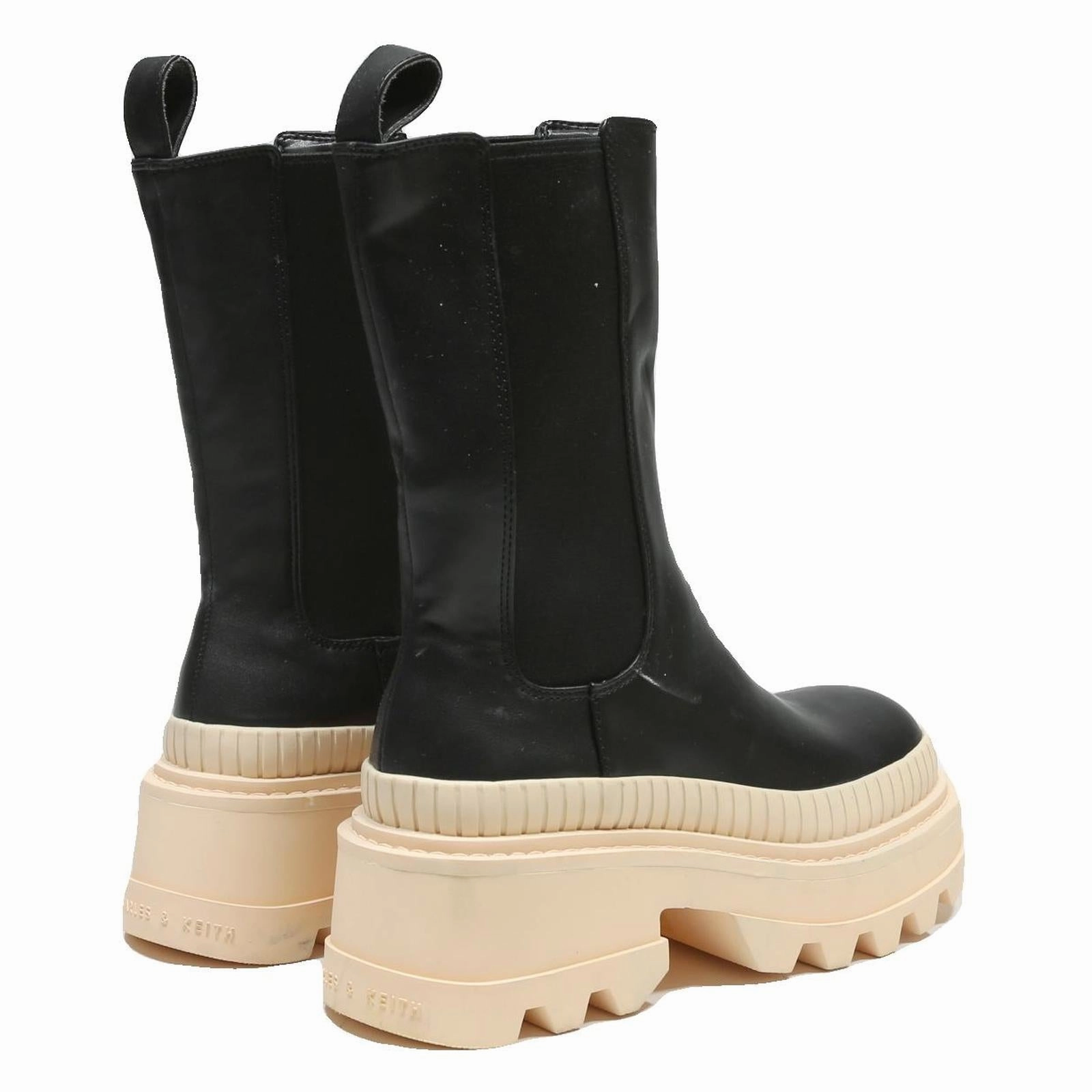 CHARLES & KEITH Womens Black Leather Ankle Boots UK 3 Chunky Chelsea Style Pull And Bear Boots