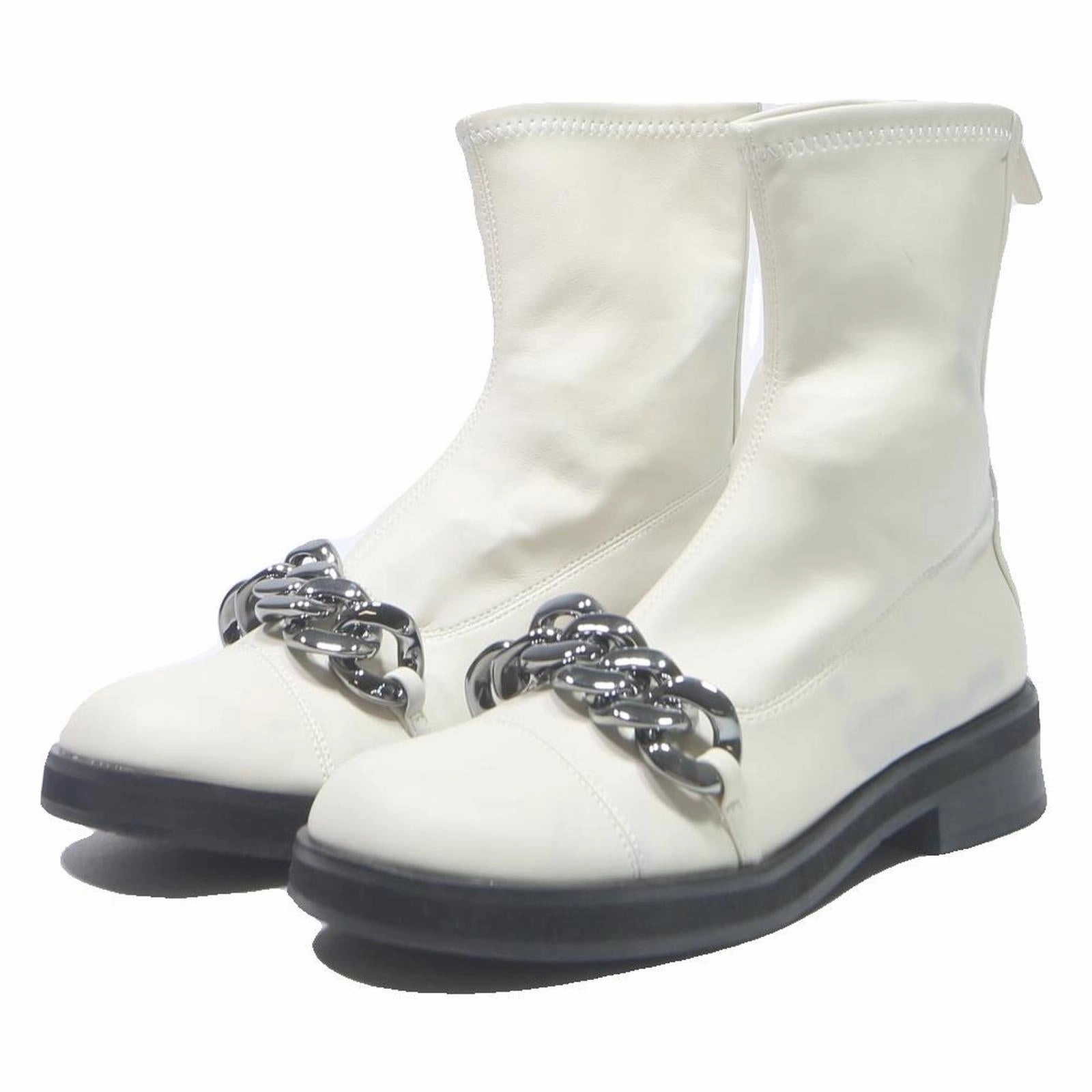 CHARLES & KEITH Womens Chelsea Boots White Leather UK 3 Stylish Zip Back Silver Wide Calf Snow Boots