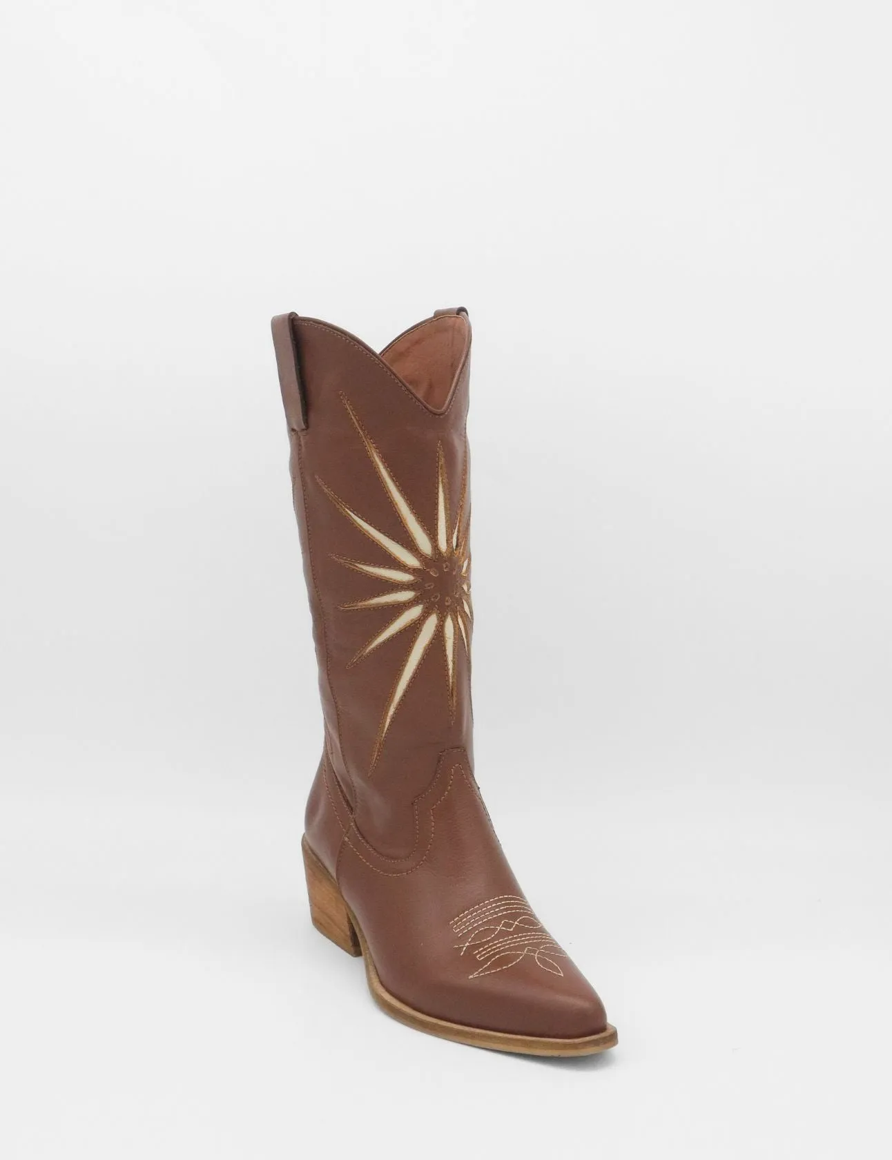 Knee High Boots Without Heel Moonrise western cowboy boots in brown cognac leather women's shoes