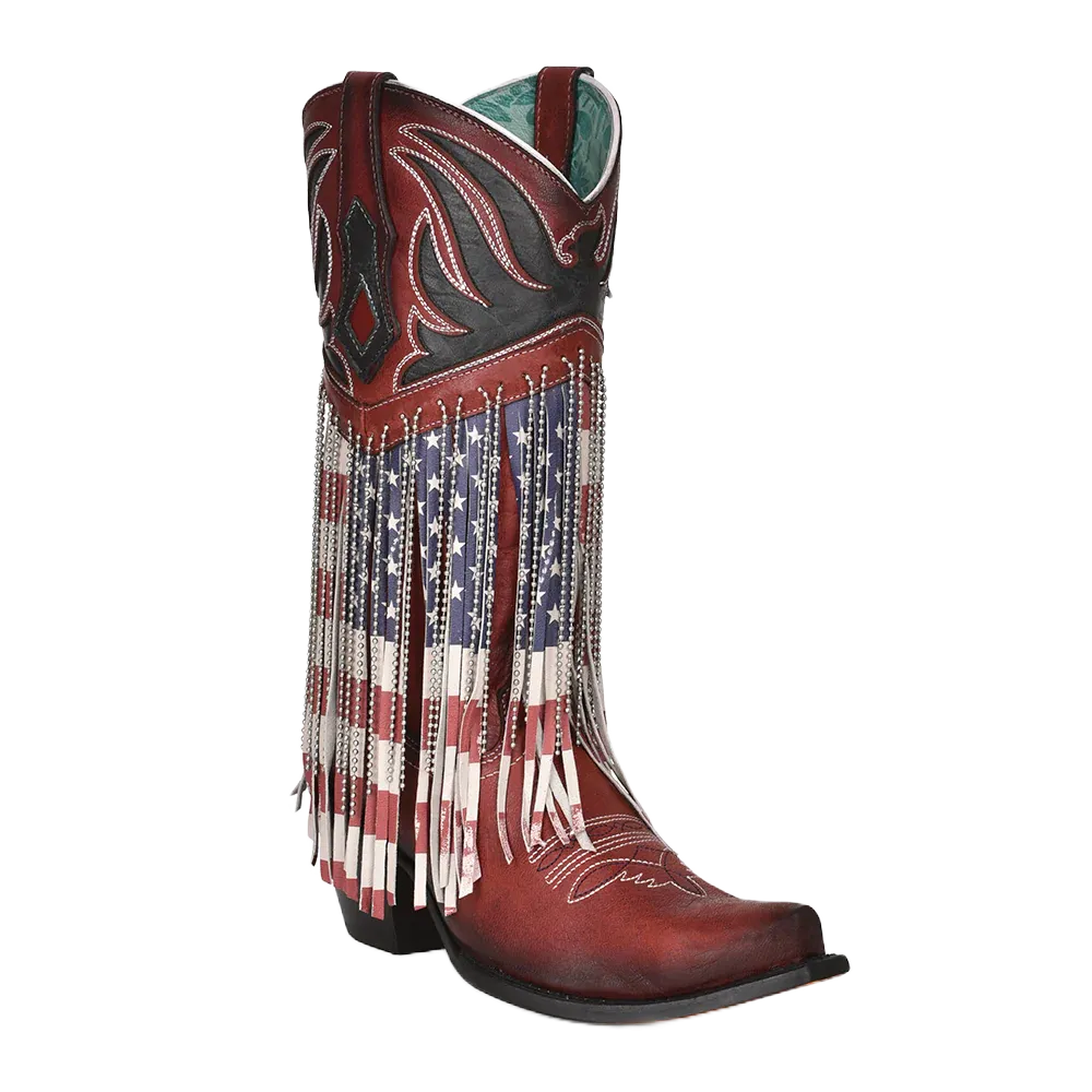 Corral Ladies Stars & Stripes Fringe & Steel Chain Western Boots C4015 Mot Boots