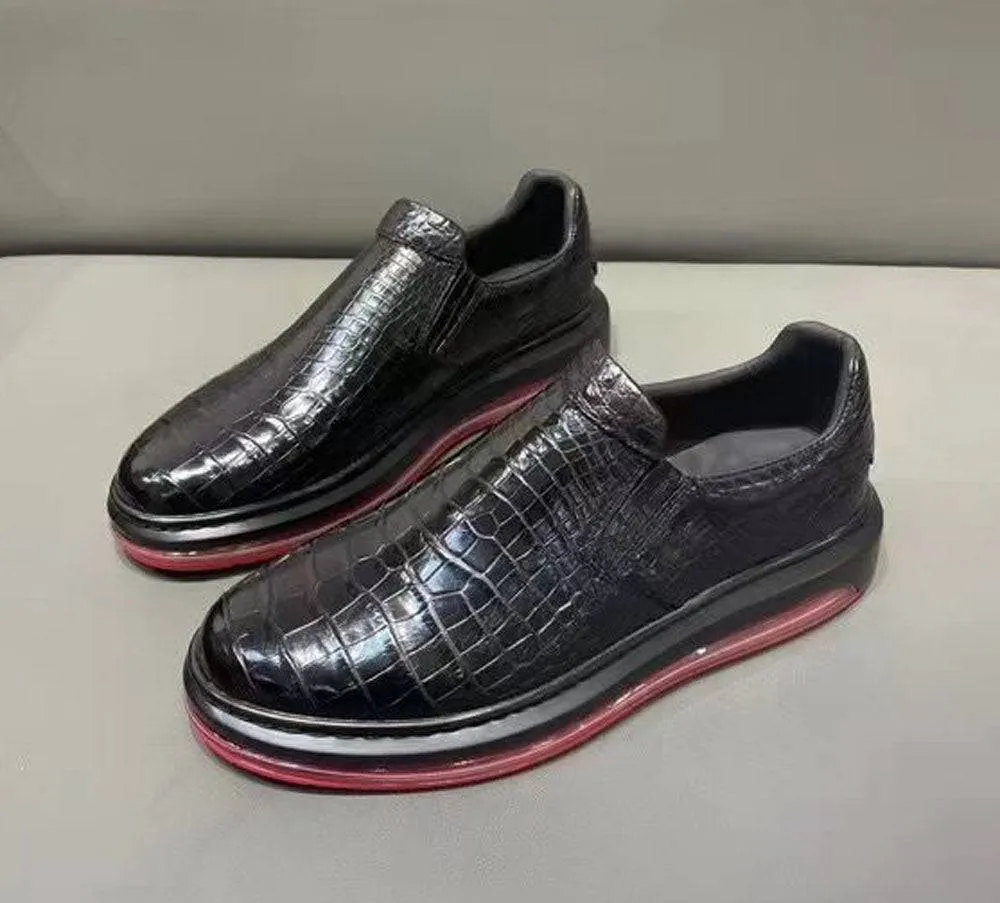 Crocodile Shoes Preorder Crocodile Leather Loafer Shoes ,Soft Air Cushion Loafers  Increased Men's Shoes-Black, Comfortable Lightweight Slip-On Walking Shoes Piercing Loafers