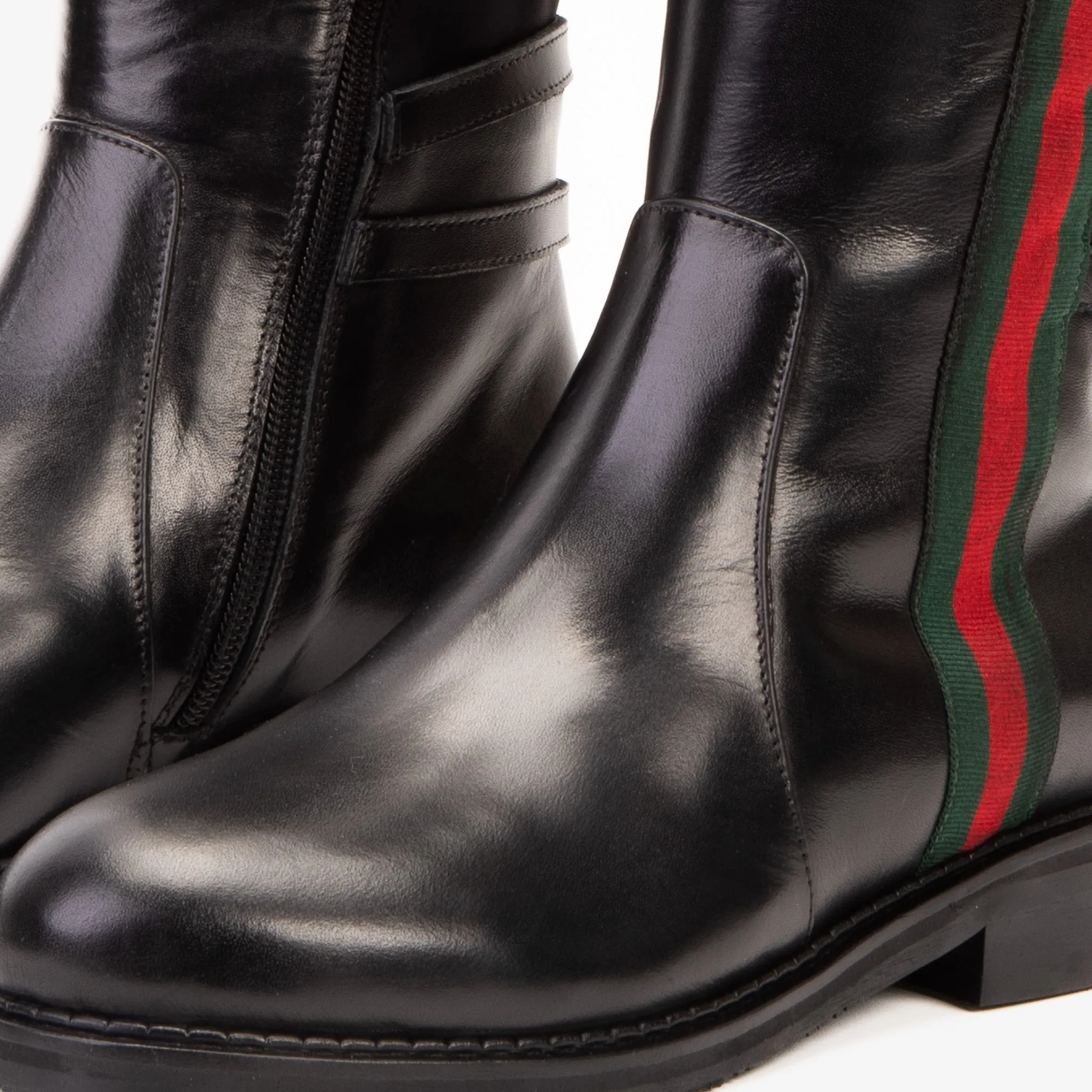 The Manhattan Luxe Black Leather Knee - High Boot Red Kitten Heel Boots