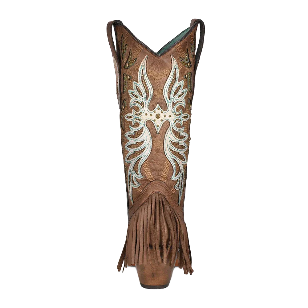 Boots Poem Rudyard Kipling Corral Ladies Brown Orix Inlay White Overlay Studs Fringe Boots C3904