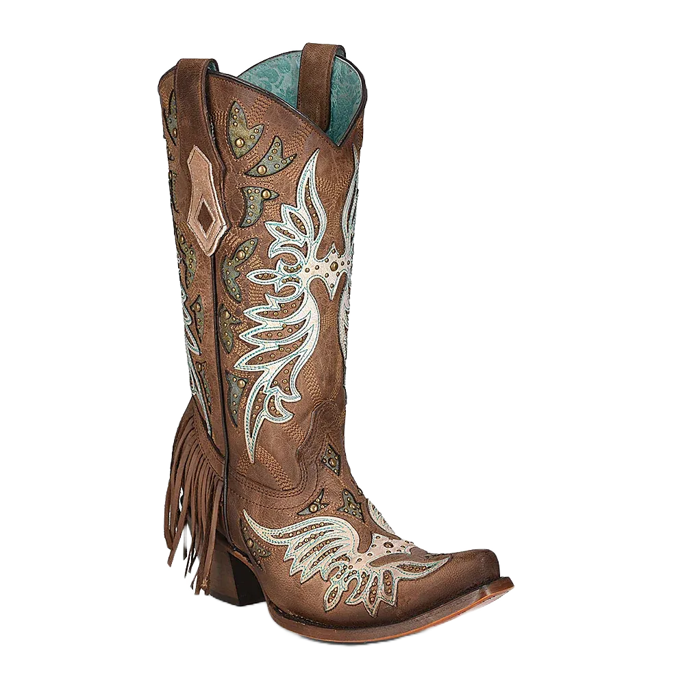 Corral Ladies Brown Orix Inlay White Overlay Studs Fringe Boots C3904 Style Western Boots