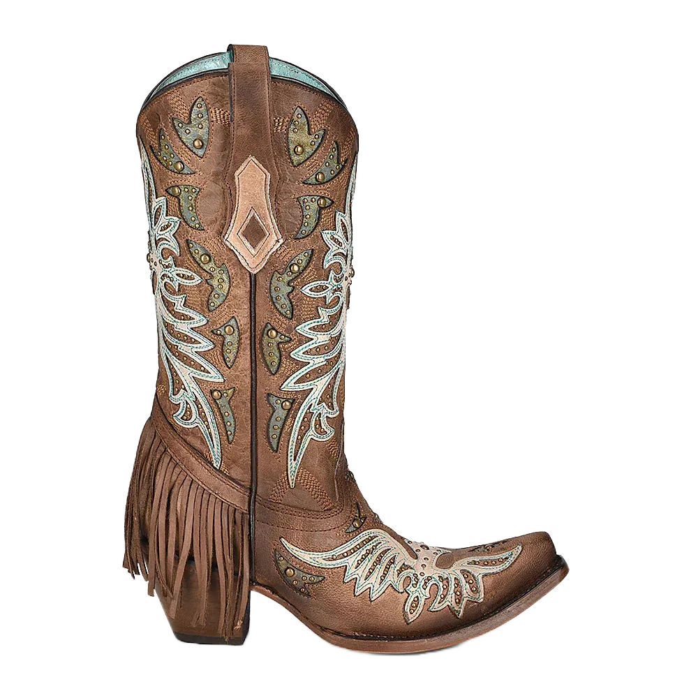 Corral Ladies Brown Orix Inlay White Overlay Studs Fringe Boots C3904 Safety Toe Rubber Boots