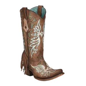 Corral Ladies Brown Orix Inlay White Overlay Studs Fringe Boots C3904 Sexiest Cowboy Boots