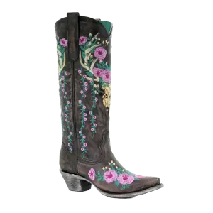Corral Ladies Dark Brown Skull Overlay & Floral Embroidery Boot A3621 Fishscale Boots