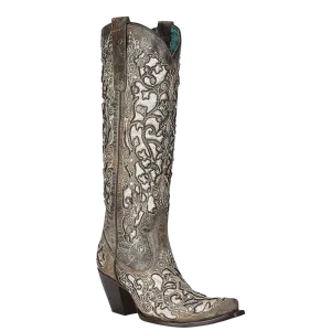 Corral Ladies Distressed Brown Glitter Inlay Snip Toe Boots A4346 Midcalf Boots