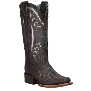 Lil Boots Corral Ladies Embroidery & Studs Grey Laser Square Toe Boots Z5010