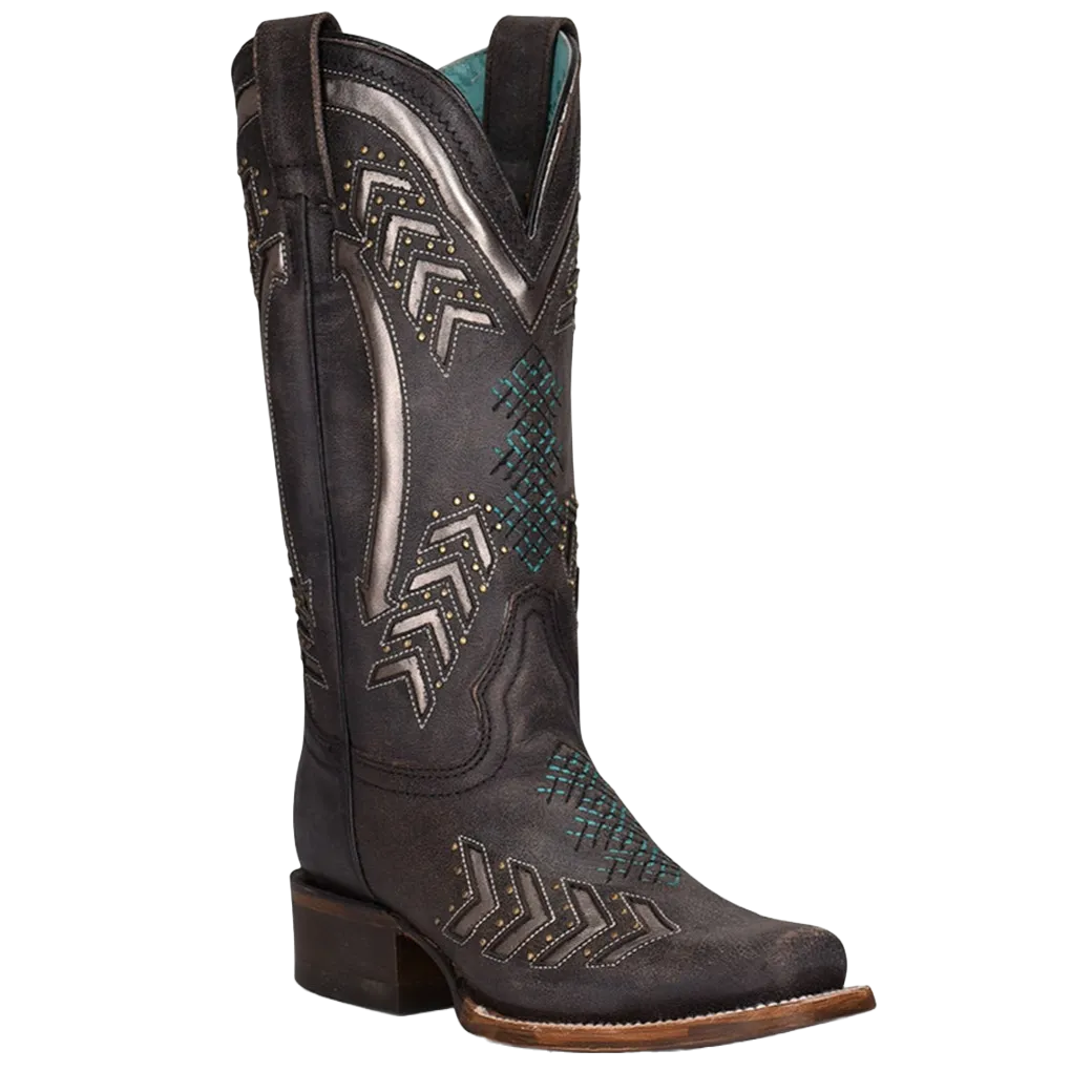 Corral Ladies Embroidery & Studs Grey Laser Square Toe Boots Z5010 Ga Boots