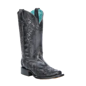 Beige Dress Boots Corral Ladies Floral Embroidery Black & Bone Leather Western Boots A4805