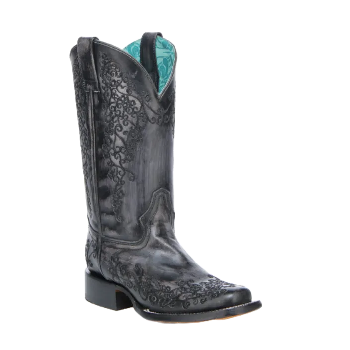 Corral Ladies Floral Embroidery Black & Bone Leather Western Boots A4805 Calf Boots Wide