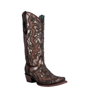 Adtec Boots Corral Ladies Golden Brown Crystal & Embroidery Snip Toe Boots C4041