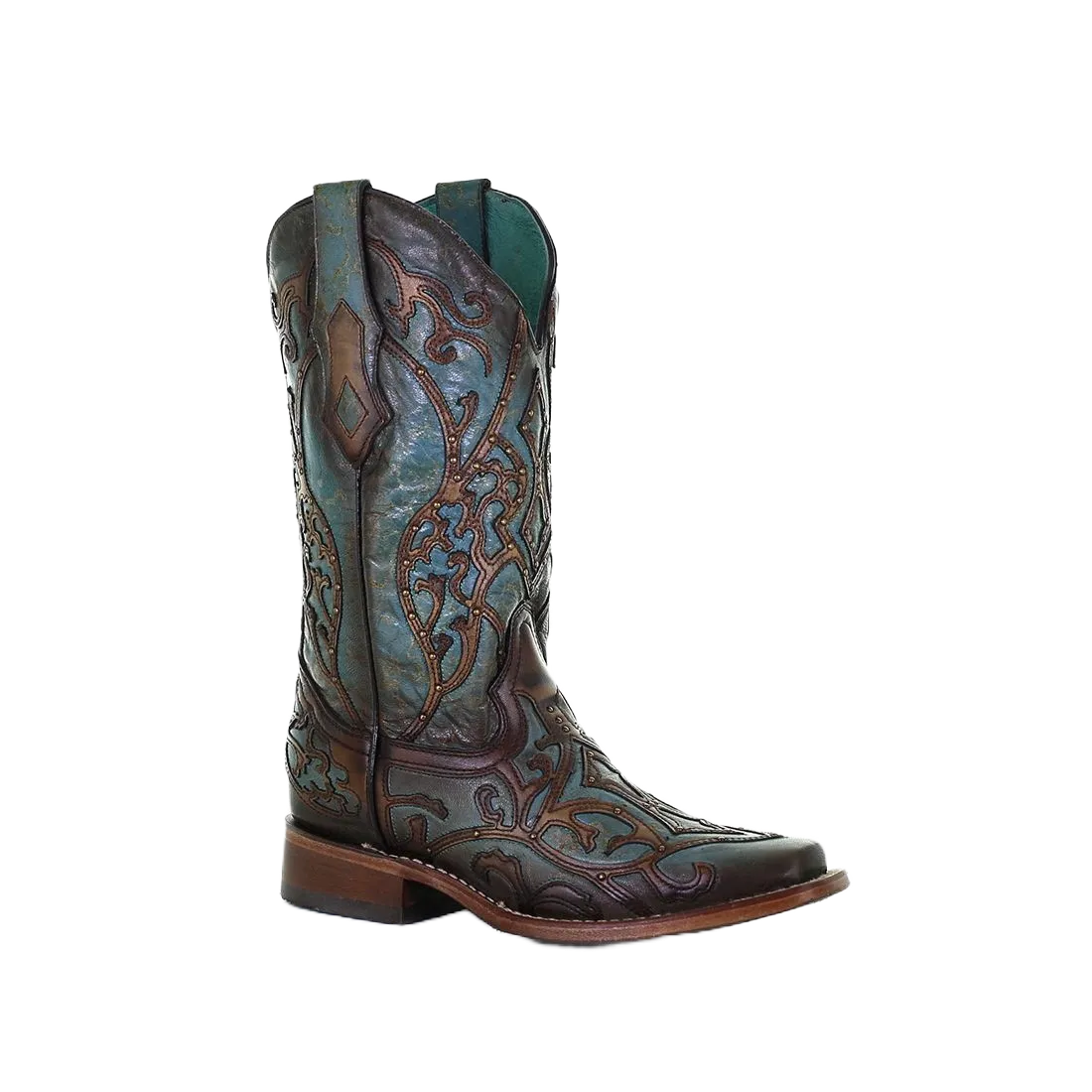 Ewing Boots Corral Ladies Overlay Embroidery Turquoise & Brown Leather Boots C3768