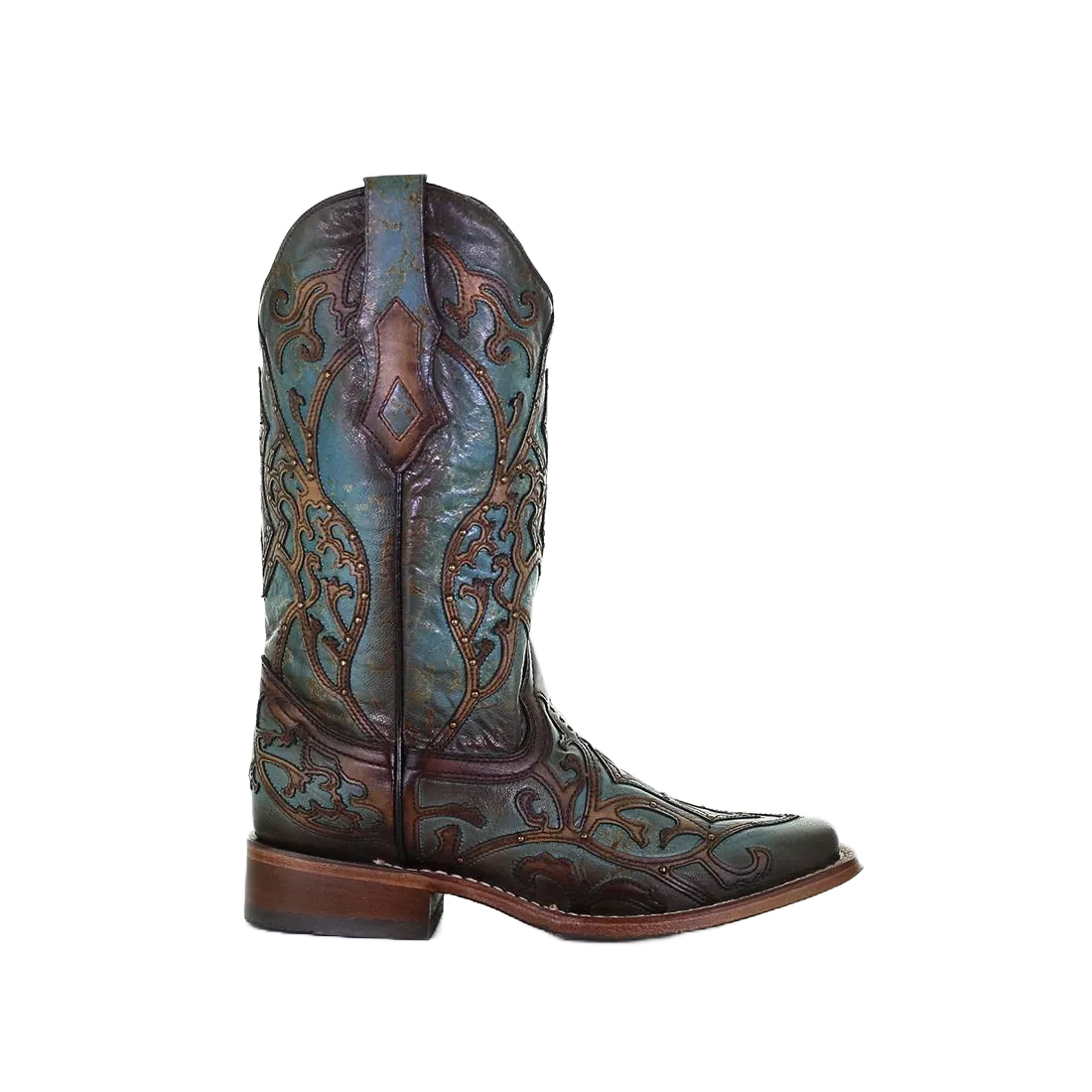 Pointed Boots Corral Ladies Overlay Embroidery Turquoise & Brown Leather Boots C3768