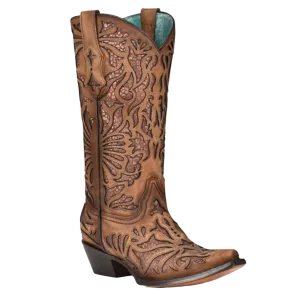 Kitten Heel Over Knee Boots Corral Ladies Shedron Inlay Snip Toe Brown Western Boots C3813