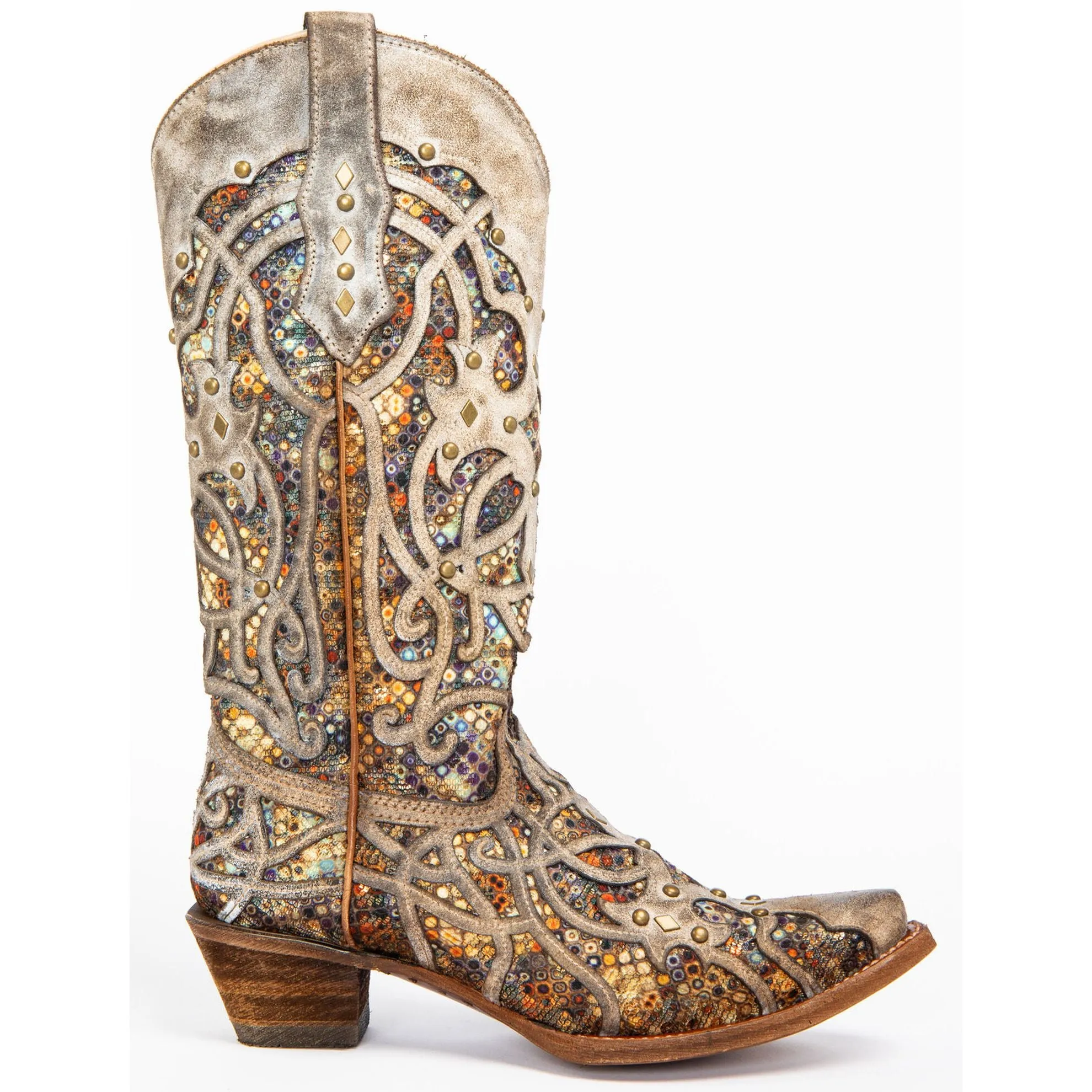 Corral Ladies Taupe Sequin Multicolor Inlay Studs Snip Toe Boots C3409 Fish Wading Boots