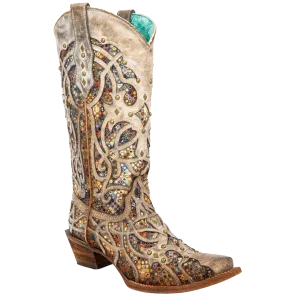 Corral Ladies Taupe Sequin Multicolor Inlay Studs Snip Toe Boots C3409 Wildfire Boots