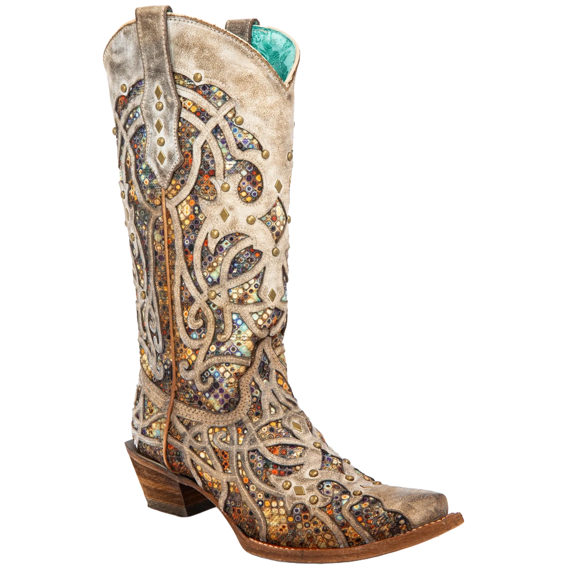 Corral Ladies Taupe Sequin Multicolor Inlay Studs Snip Toe Boots C3409 Laidback London Boots