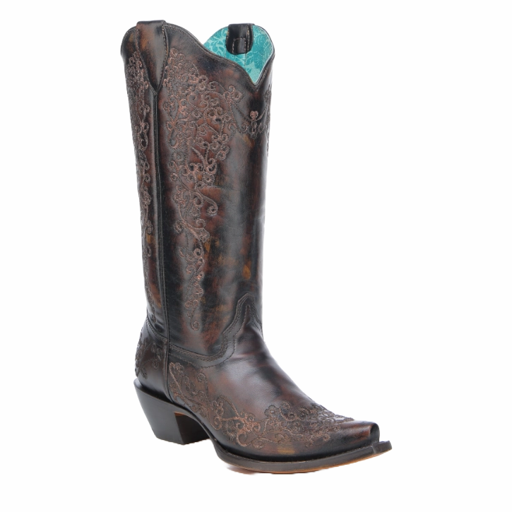 Corral Ladies Floral Embroidered Black & Honey Western Boot A4801 Marshalls Boots