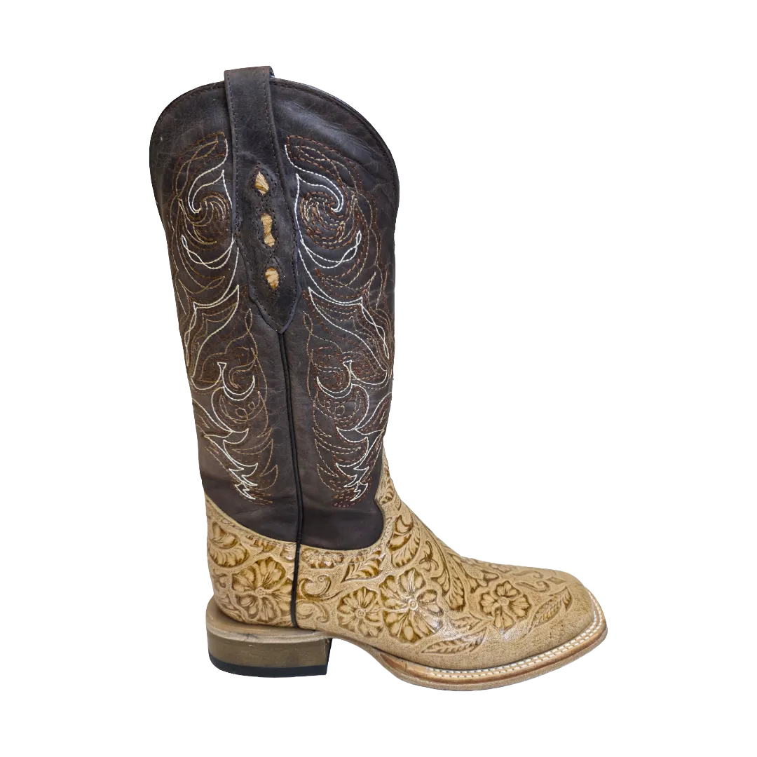 Cowtown Ladies Oryx Floral Tooled Brown & Tan Square Toe Boots Q452 Military Tactical Boots
