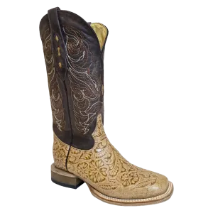 Wallabee Boots Cowtown Ladies Oryx Floral Tooled Brown & Tan Square Toe Boots Q452