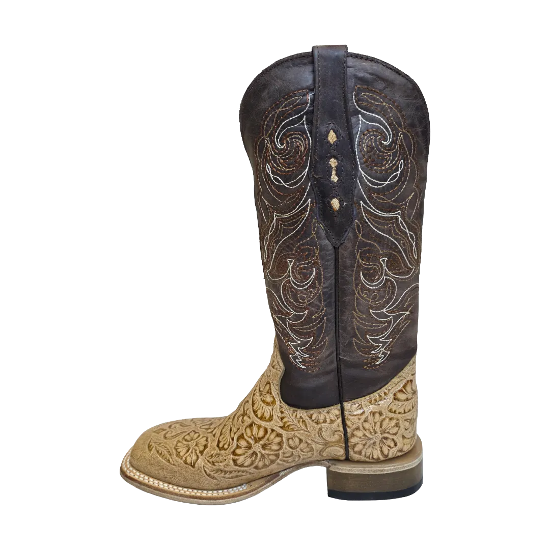 Kitten Heel Ankle Boots Cowtown Ladies Oryx Floral Tooled Brown & Tan Square Toe Boots Q452