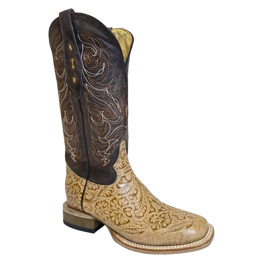 Brown Chukka Boots Cowtown Ladies Oryx Floral Tooled Brown & Tan Square Toe Boots Q452