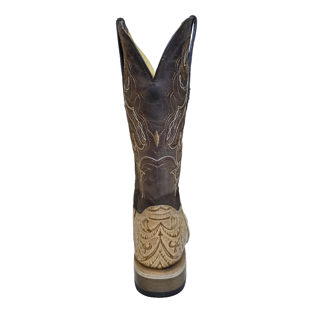 Cowtown Ladies Oryx Floral Tooled Brown & Tan Square Toe Boots Q452 Flower Embroidered Cowboy Boots