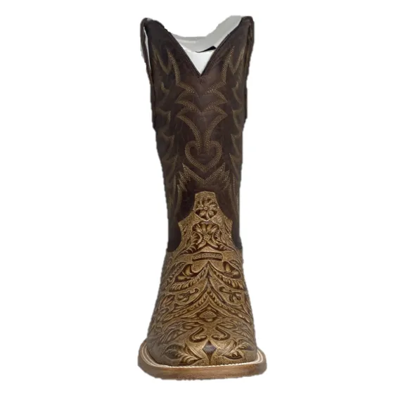 Childrens Dirt Bike Boots Cowtown Men's Oryx Hand Floral Tooled Brown Square Toe Boots Q6152